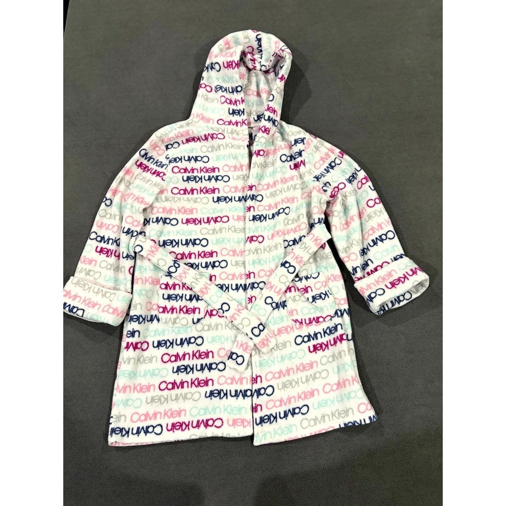 Calvin Klein Hooded Cozy Robe Girls Medium White Allover‎ Print Belted Winter